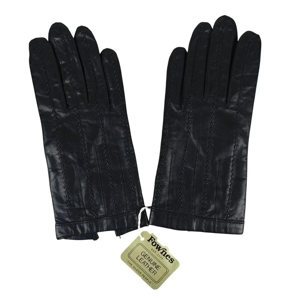 Vintage Fownes Womens Genuine Leather Black Gloves Acrylic Lined Size 7